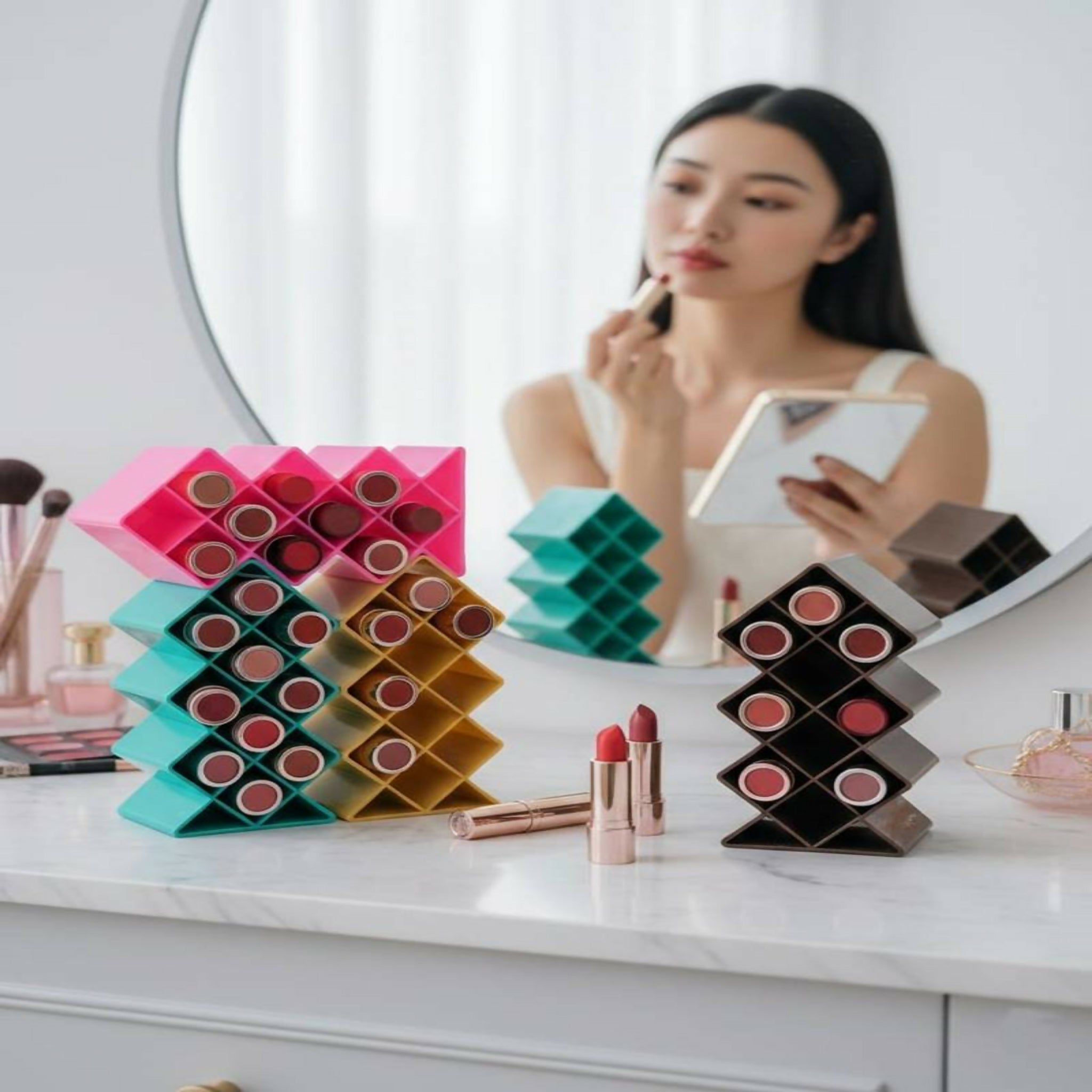 10 Grid Lipstick Organizer with Storage Box – Makeup & Cosmetic Holder | Random Color
