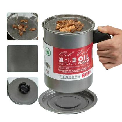Oil Storage and Filtration Pot, 1.4L Stainless Steel Filter with Lid & Handle