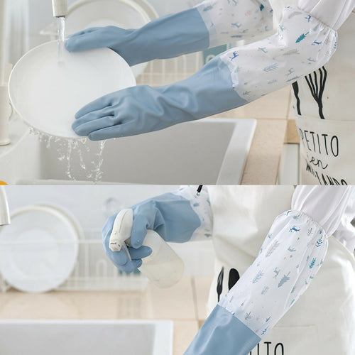Long Reusable Dishwashing Gloves with Warm Fleece Lining – Extra Long Waterproof Rubber Cleaning Gloves, Anti-Slip, Heat Resistant for Kitchen, Laundry, and Household Use (Random Color)
