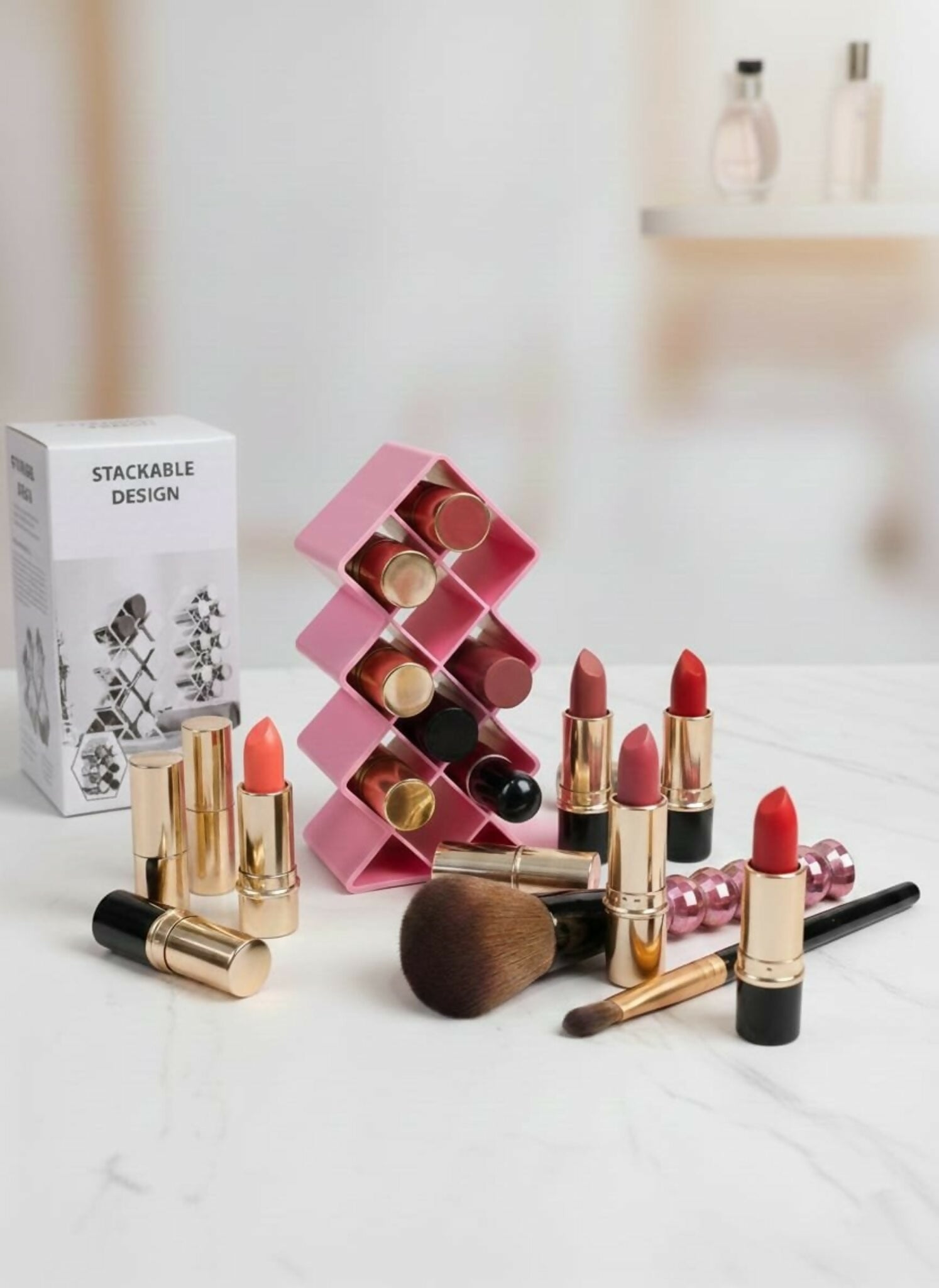 Plastic 10 Grid Lipstick Organizer with Storage Box