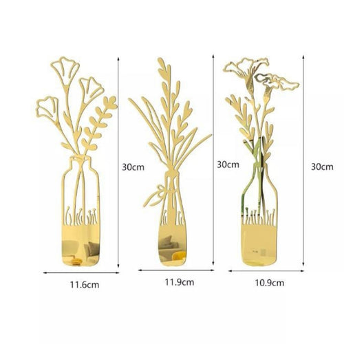 Acrylic Mirror Leaf Vase Wall Art Frames for Living Room Bedroom - 3 PCs
