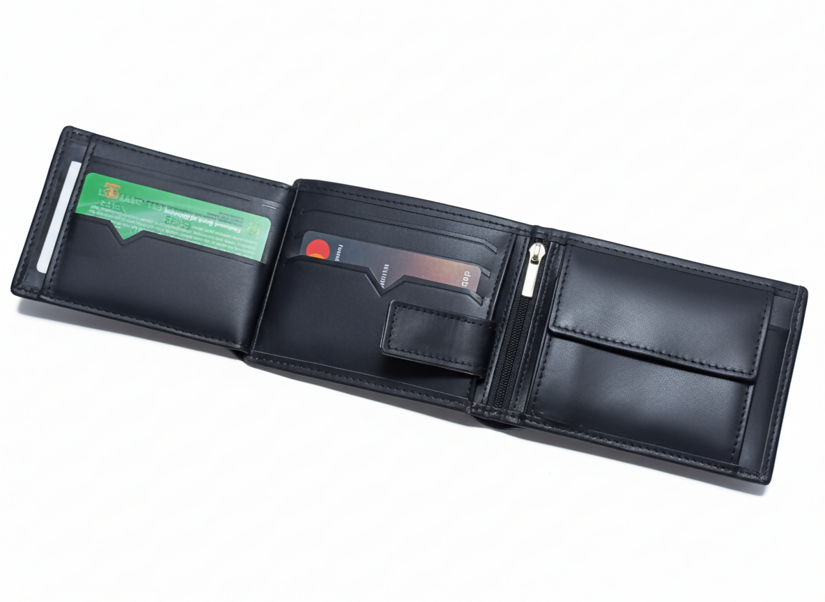 Original Cow Leather Handmade Men’s Wallet – Premium Slim Bifold Design, Available in Black, Brown & Mustard - Black