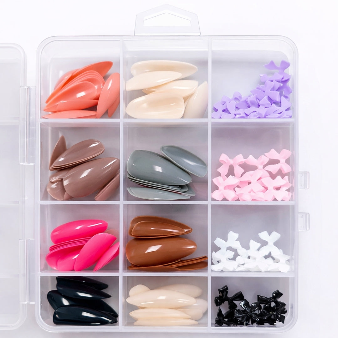 Artificial nails with bead designs arranged in a storage box