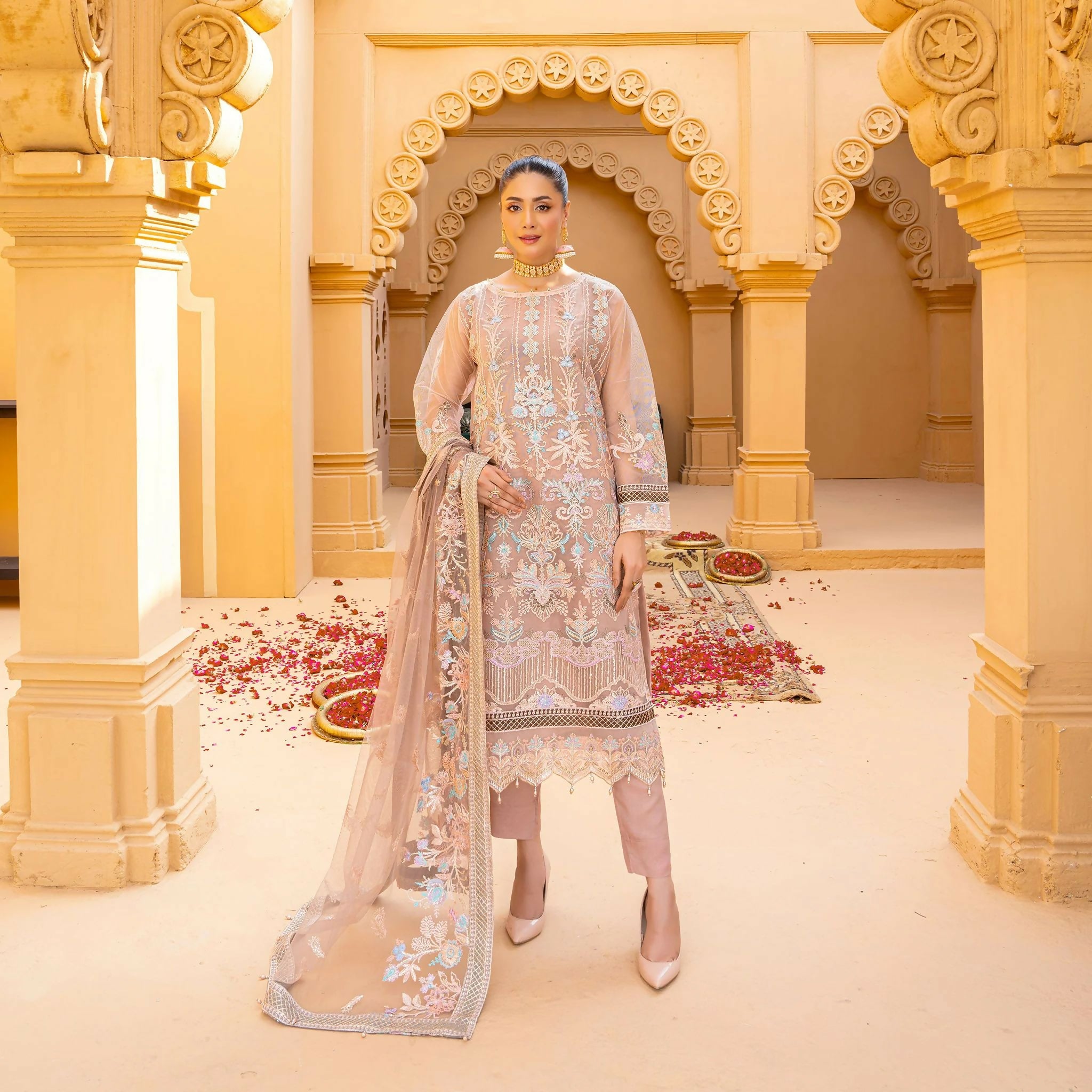 Semi-Stitched Net Embroidered Dress