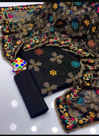 Black Embroidered Cotton Suit For Women With Khaadi Net Dupatta