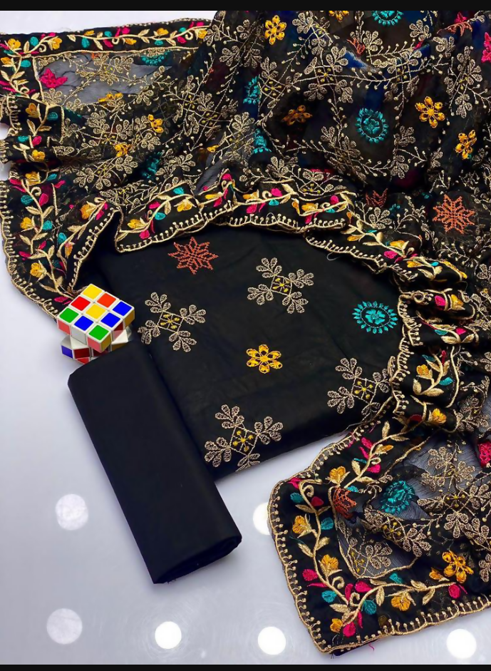 Black Embroidered Cotton Suit For Women With Khaadi Net Dupatta