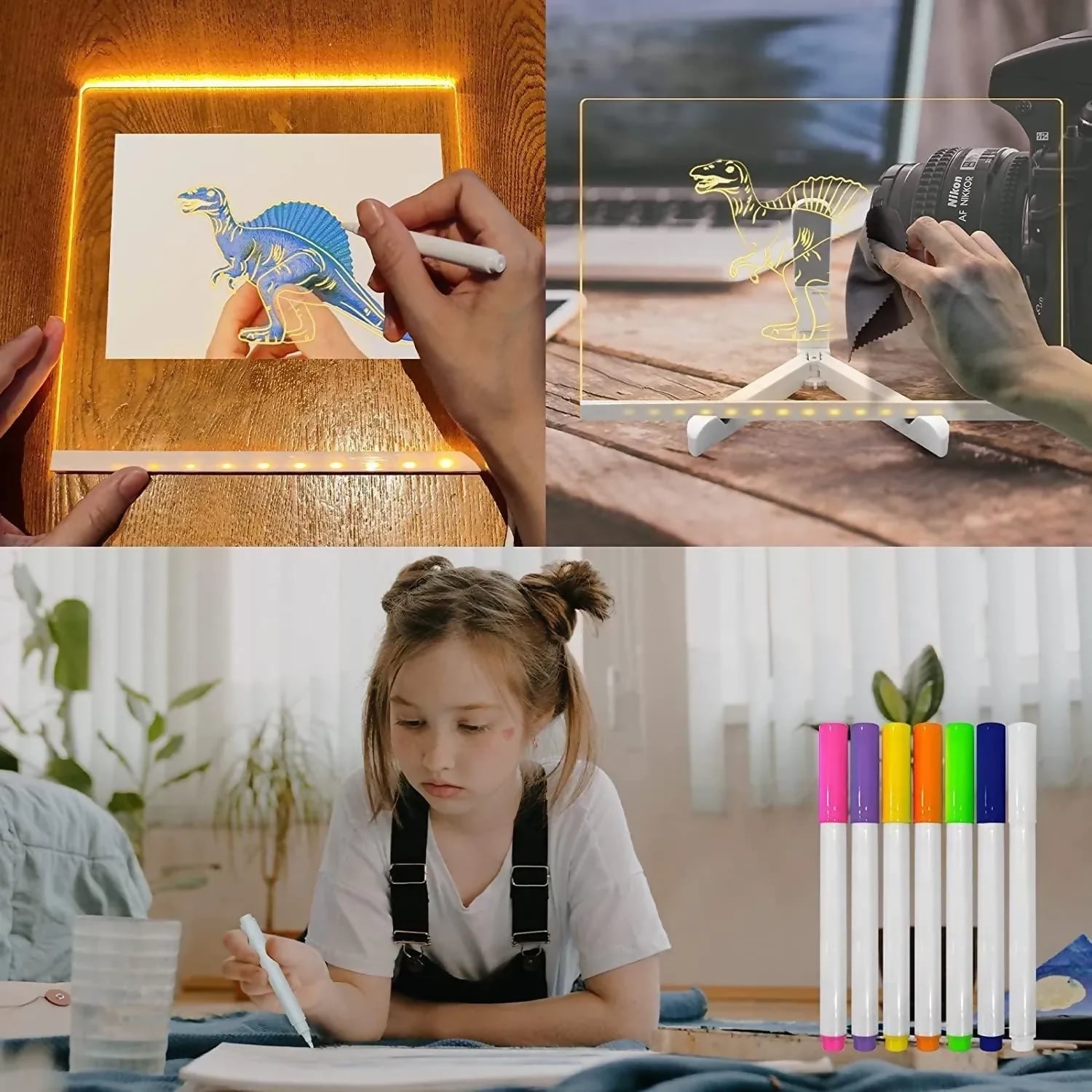LED Light-Up Writing Board – 15×15 cm Acrylic Message Pad with Stand | Colorful DIY Notes & Erasable Neon Pens
