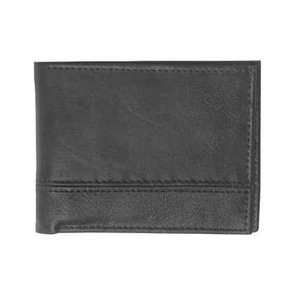 Front view of Black Stitch wallet in black leather with neat contrast stitching