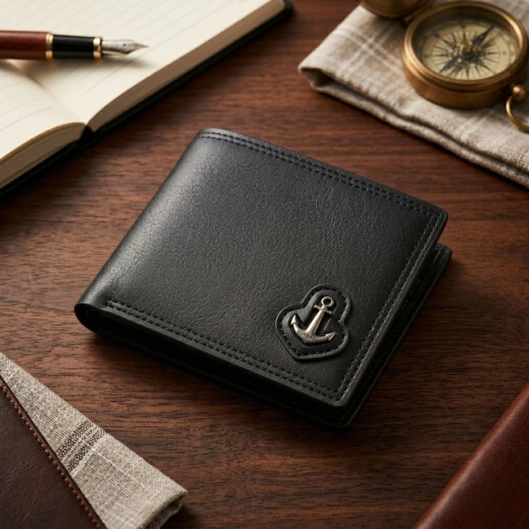 Black Anchor Emblem Wallet With 10 Card Slots for Men