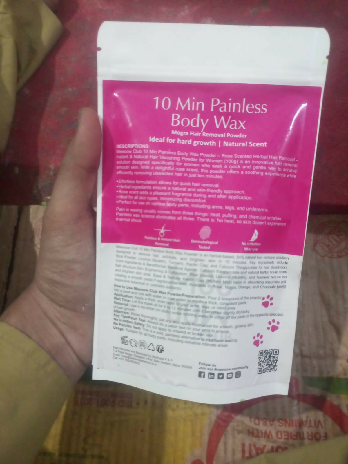 Meeoow Club 10 Min Painless Body Wax Powder – Mogra Scented Herbal Hair Removal Powder (100g)