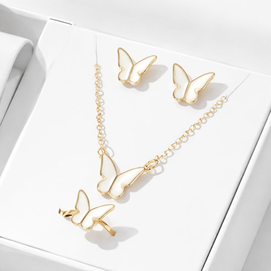 Butterfly Jewelry Necklace Earrings Ring Women White, Set Pack of 4