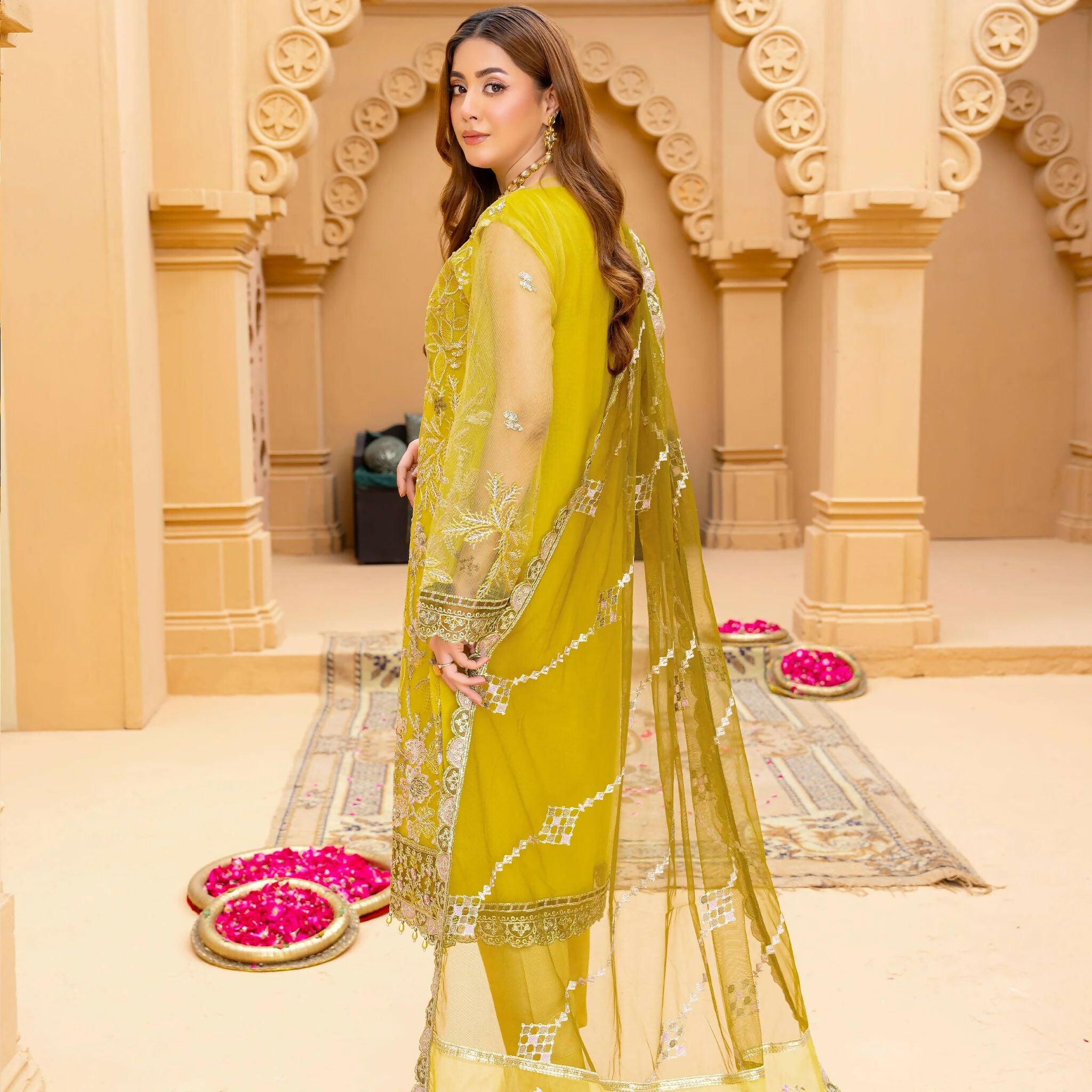 Semi-Stitched Net Embroidered Suit