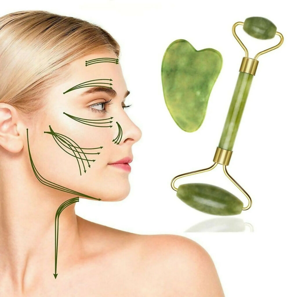 Jade Face Roller with Gua Sha Stone, Skin Firming & Jawline Sculpting Tool