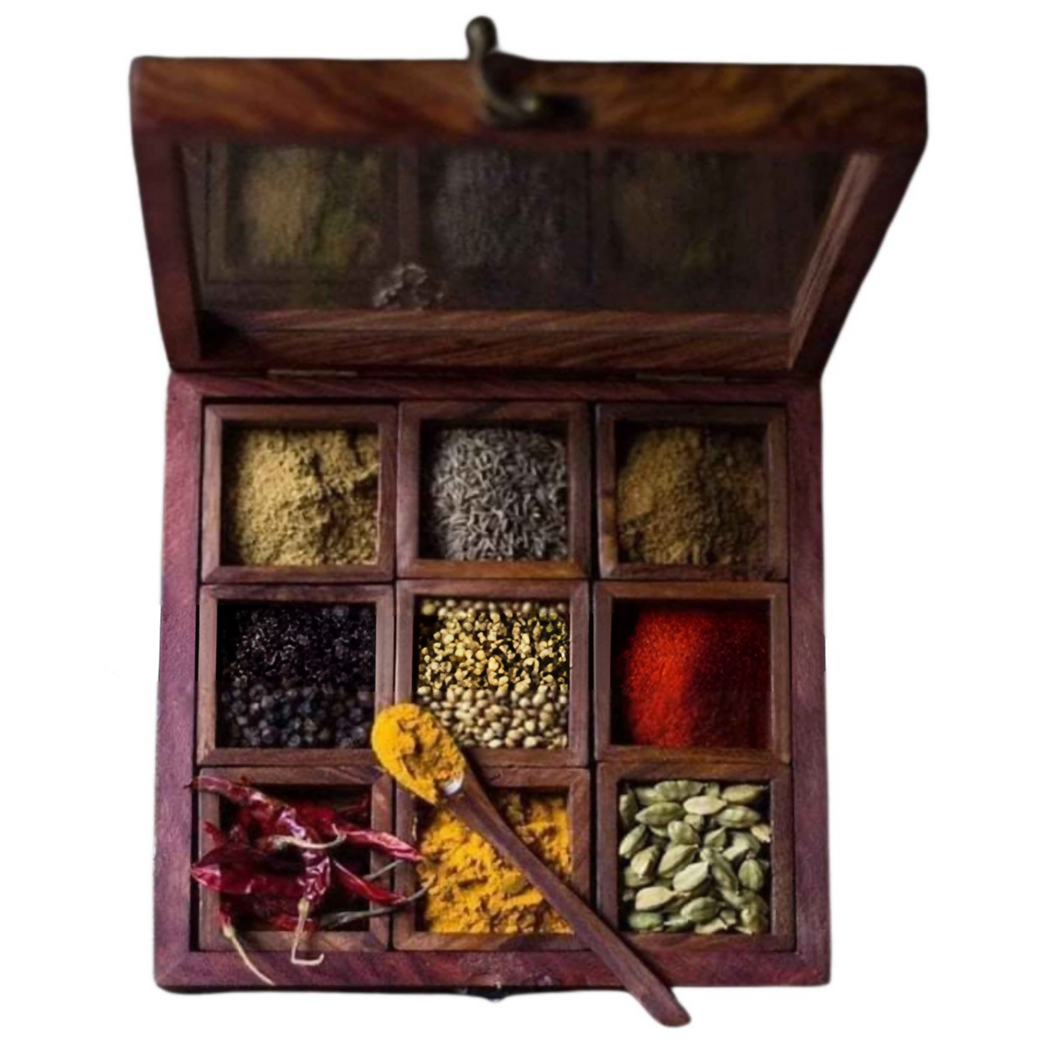 Wooden Masala Box, 9 Compartments with Spoon, 9″x9″, High-Quality Wood