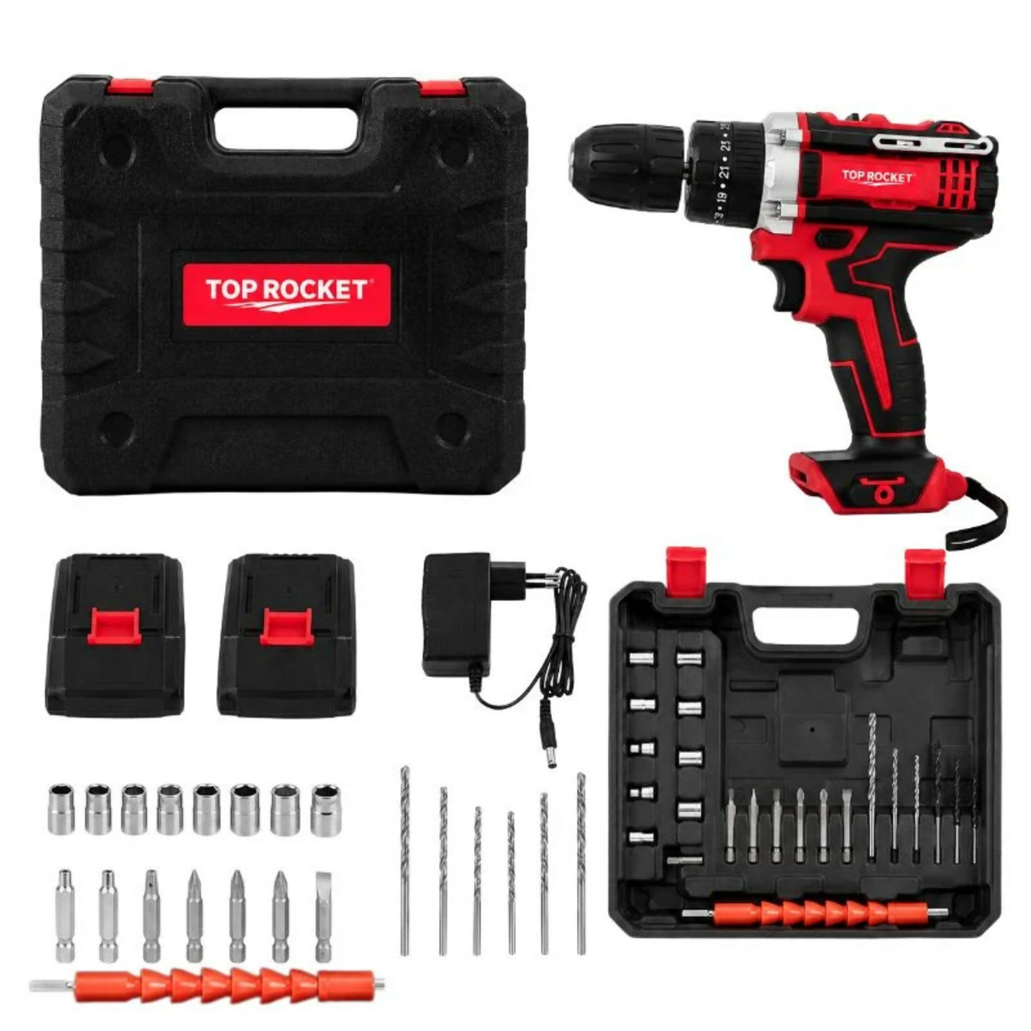 TOP ROCKET Cordless Rechargeable Drill Machine Kit | 48V Double Batteries | 3-in-1 Drill, Screwdriver & Impact Driver | Variable Speed Power Tool Set with Carry Case