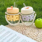 Cute Glass Water Bottle with Straw & Pearl Handle – Portable Leakproof Drinking Bottle for Kids & Girls