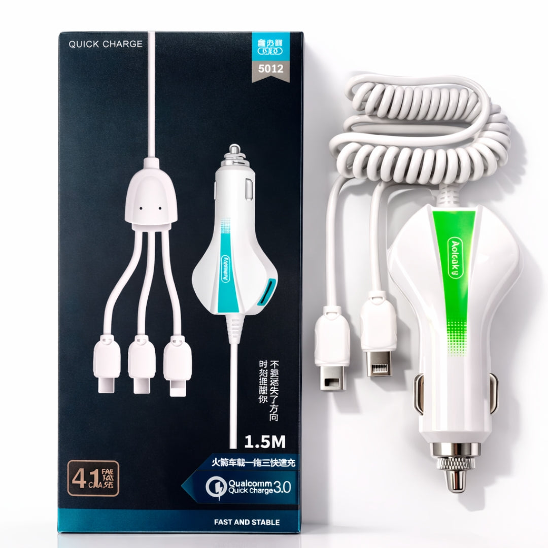 Car Charger, with 2 USB Ports and Multi Cable for iPhone Android