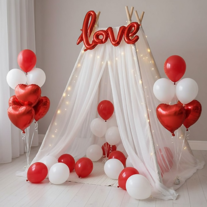 32 Pcs Romantic Tent Decoration Set With Red & White Balloons, Foil Heart, LED Lights & White Curtain