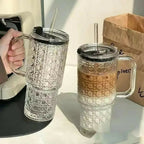 500ML Glass Tumbler with Handle & Straw – Bubble Design Drinking Cup with Lid – Reusable Iced Coffee, Juice & Smoothie Glass Mug