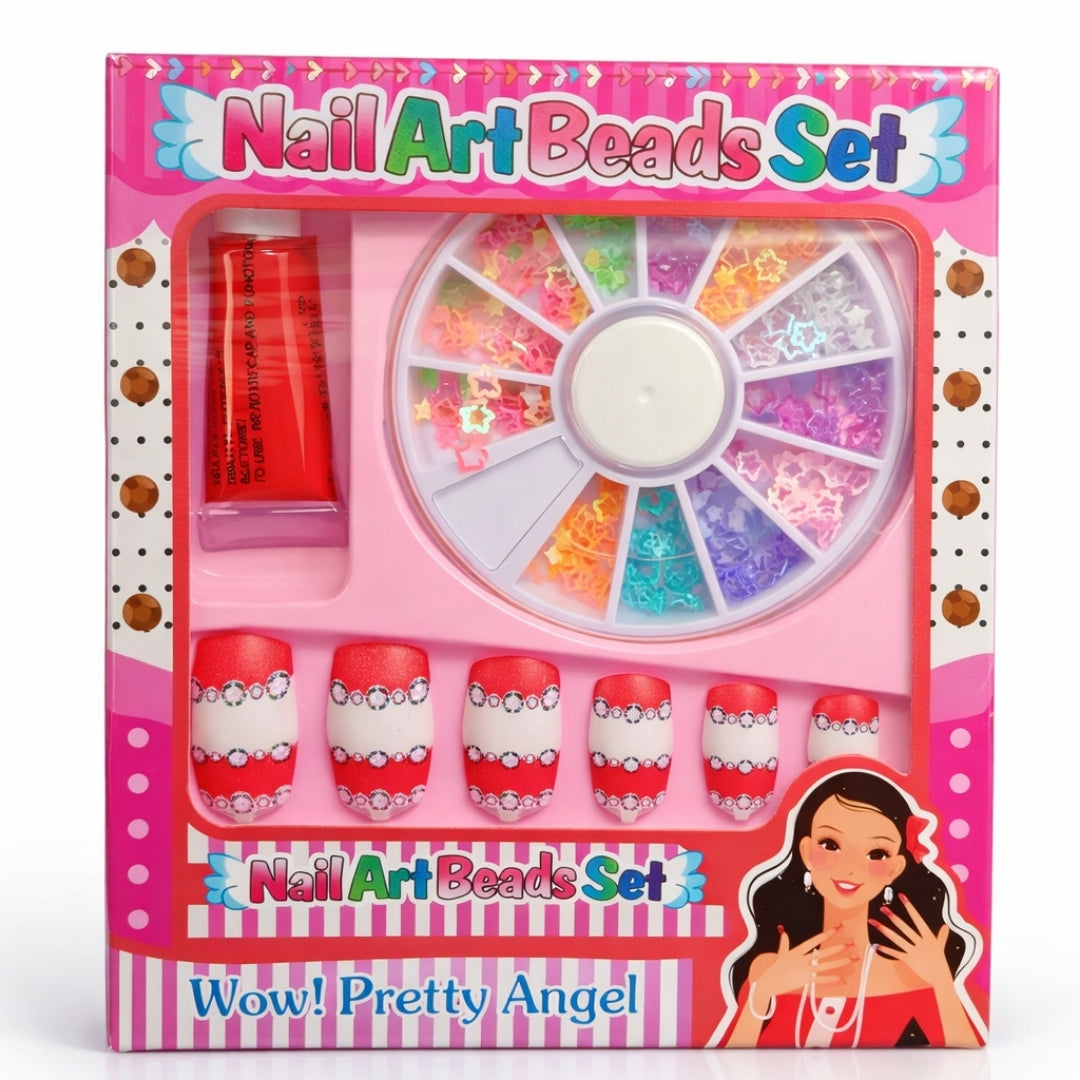 Children Nail Art Kit 12 Nails Beads Glue DIY Nail Decoration Set