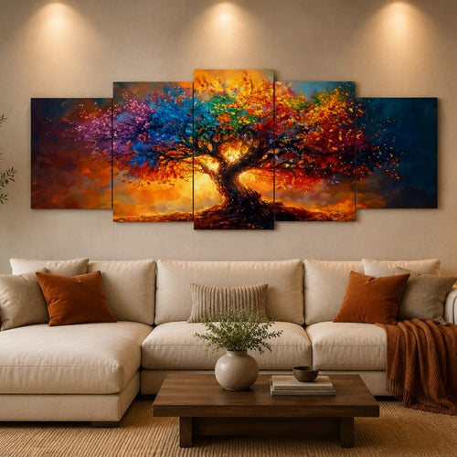 Colorful Tree of Life Wall Art Wooden Sticky Tiles - 5 Piece