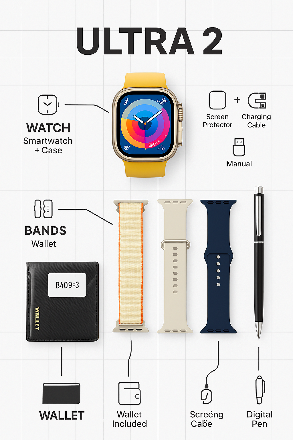 S200 Smart Watch, Full Display with Original Strap, Wallet Feature Protective Cover