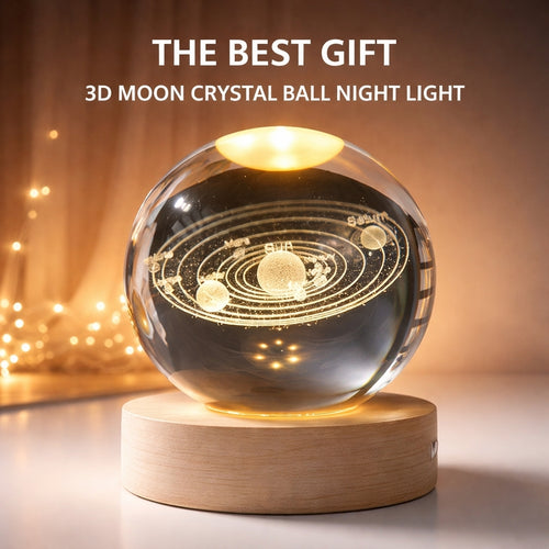 Crystal Ball, Solar System, Night Light with Wooden LED Base