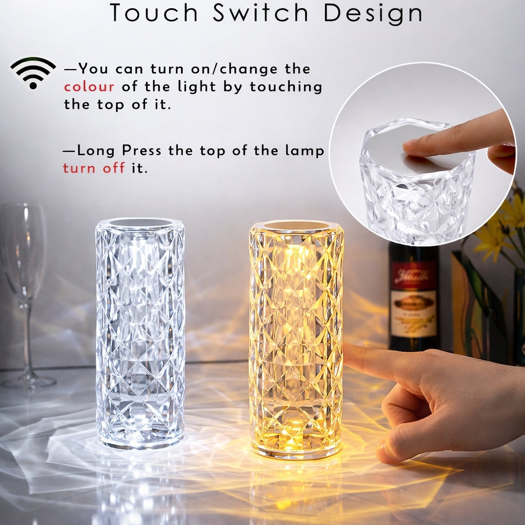 Crystal Table Lamp, Colors Diamond Rose, Adjustable Brightness and Remote