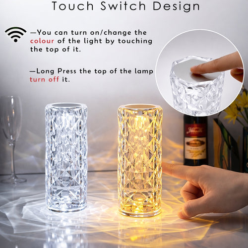 Crystal Table Lamp, Colors Diamond Rose, Adjustable Brightness and Remote