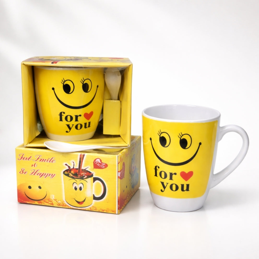 Cute Emoji Mug with Spoon Ceramic Cup for Coffee Tea Random Design