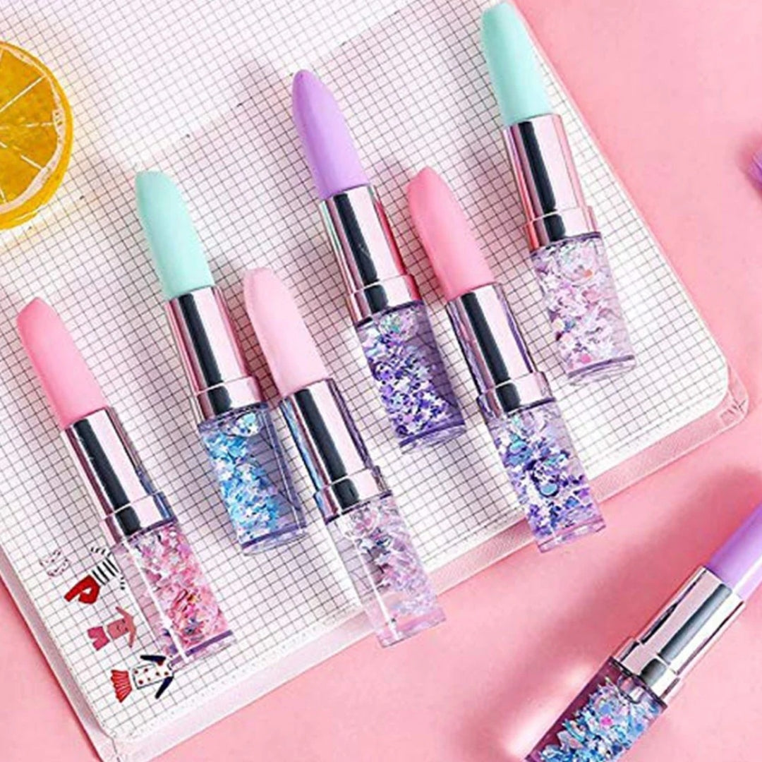 Cute Lipstick Gel Pen Black Ink, Colorful Quicksand Design for School