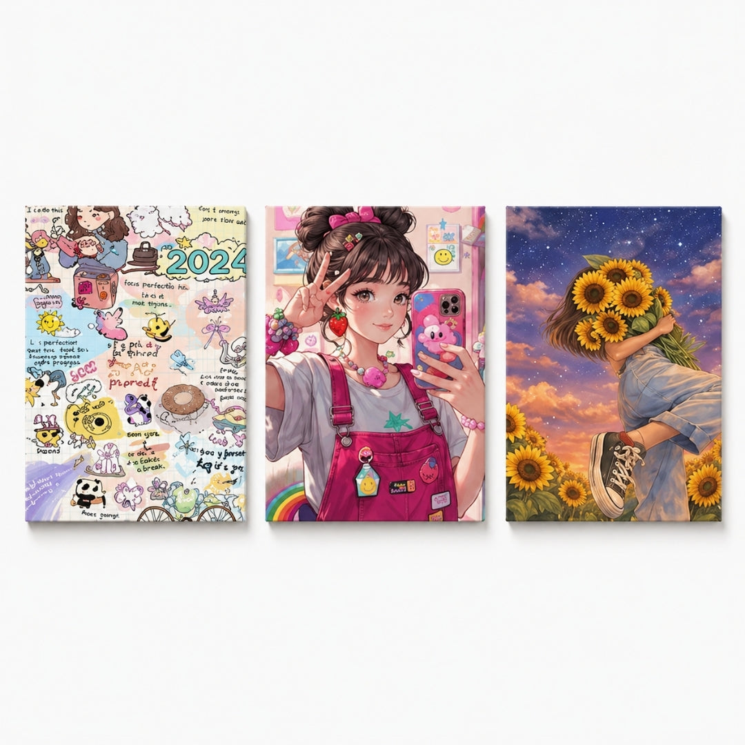 Cute anime girl and sunflower wooden wall art set