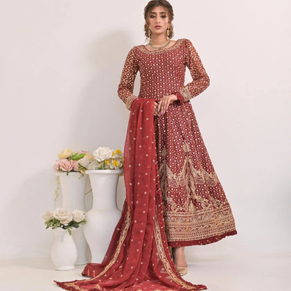 Dress Set, Elegant Maroon Chiffon Ensemble 3-Piece Set with Intricate Embroidery