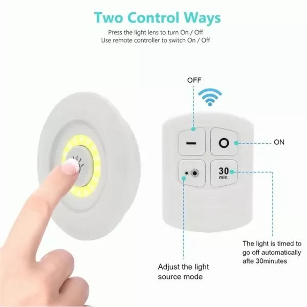Pack of 3 LED Remote Control Tap Lights | Self-Adhesive Cabinet, Wardrobe & Kitchen Lights