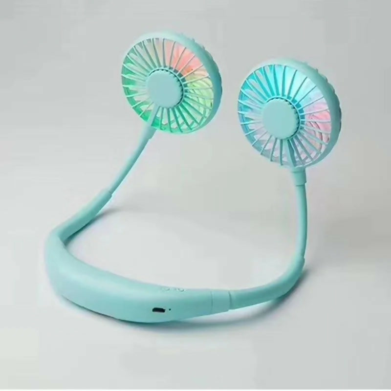 Lazy Portable Silent Neck Fan – Wearable Rechargeable Dual Fan with LED Light & 3-Speed Control (Random Color)