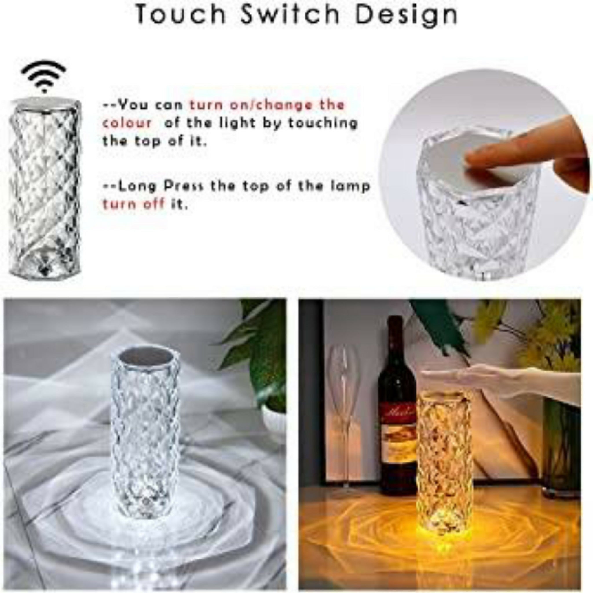 Rose Diamond Crystal Table Lamp – 16 Color RGB Touch Sensor LED Light with Remote & USB Charging