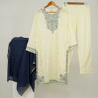 3-Piece Lawn Set, Embroidered Off-White with Blue Dupatta, for Women