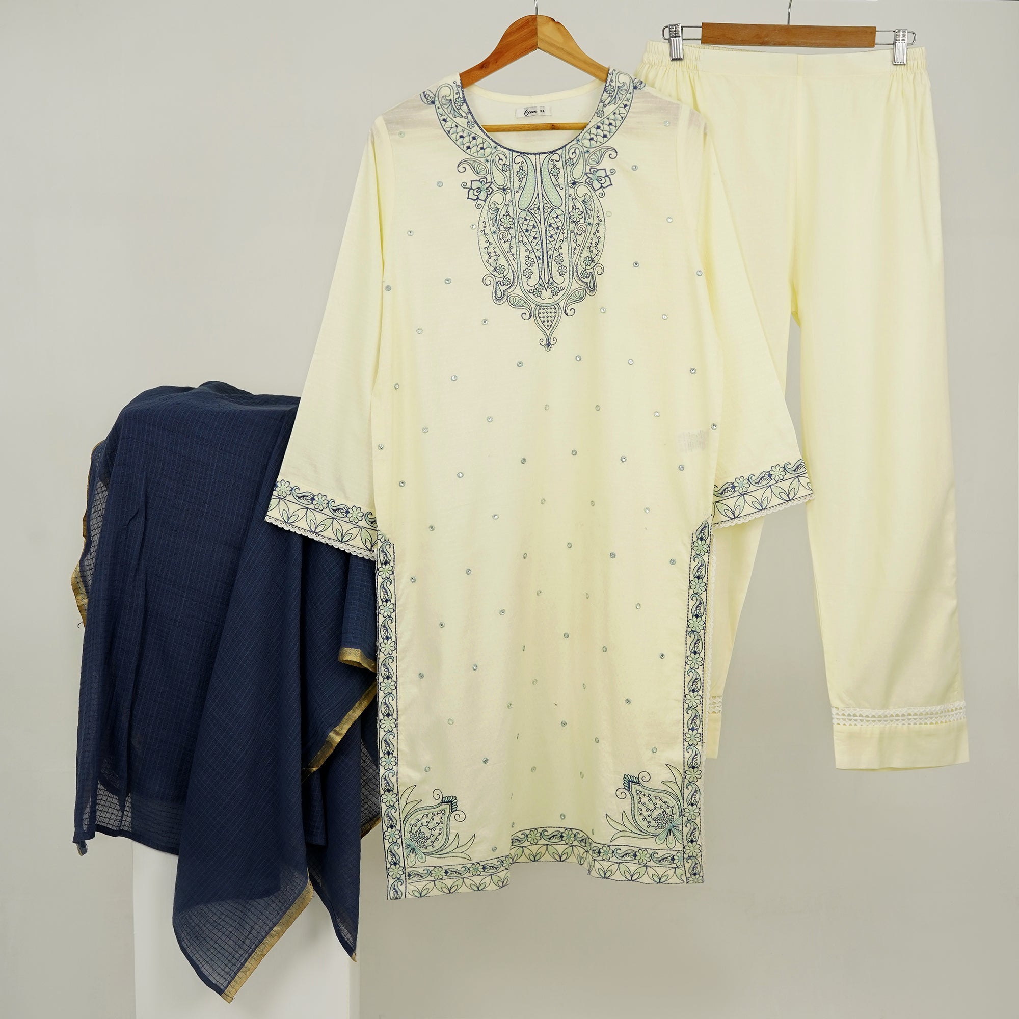 3-Piece Lawn Set, Embroidered Off-White with Blue Dupatta, for Women