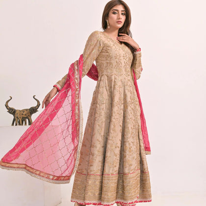 Dress Suit, Beige Chiffon Ensemble 3-Piece Set with Intricate Embroidery