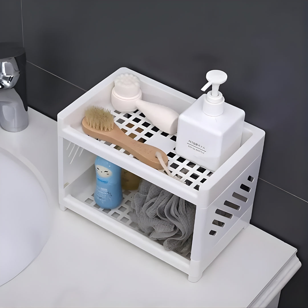 Desktop 2 Layer Organizer Shelf, Double Fold Plastic Storage Rack for Office and Home