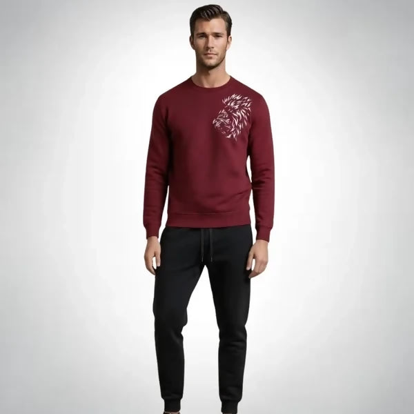 LION Printed Maroon Tracksuit Sweatshirt & Trouser | Warm & Comfortable Winter Wear | Medium, Large and XL