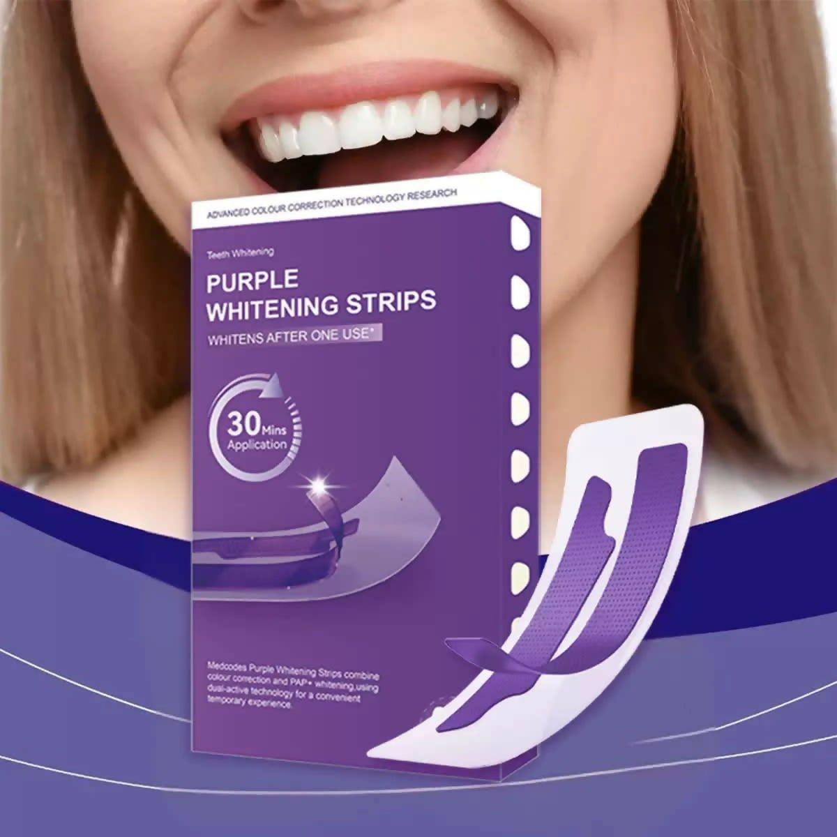 Purple Color-Correcting Teeth Whitening Strips – Peroxide-Free Stain Removal & Instant Smile Brightening Set