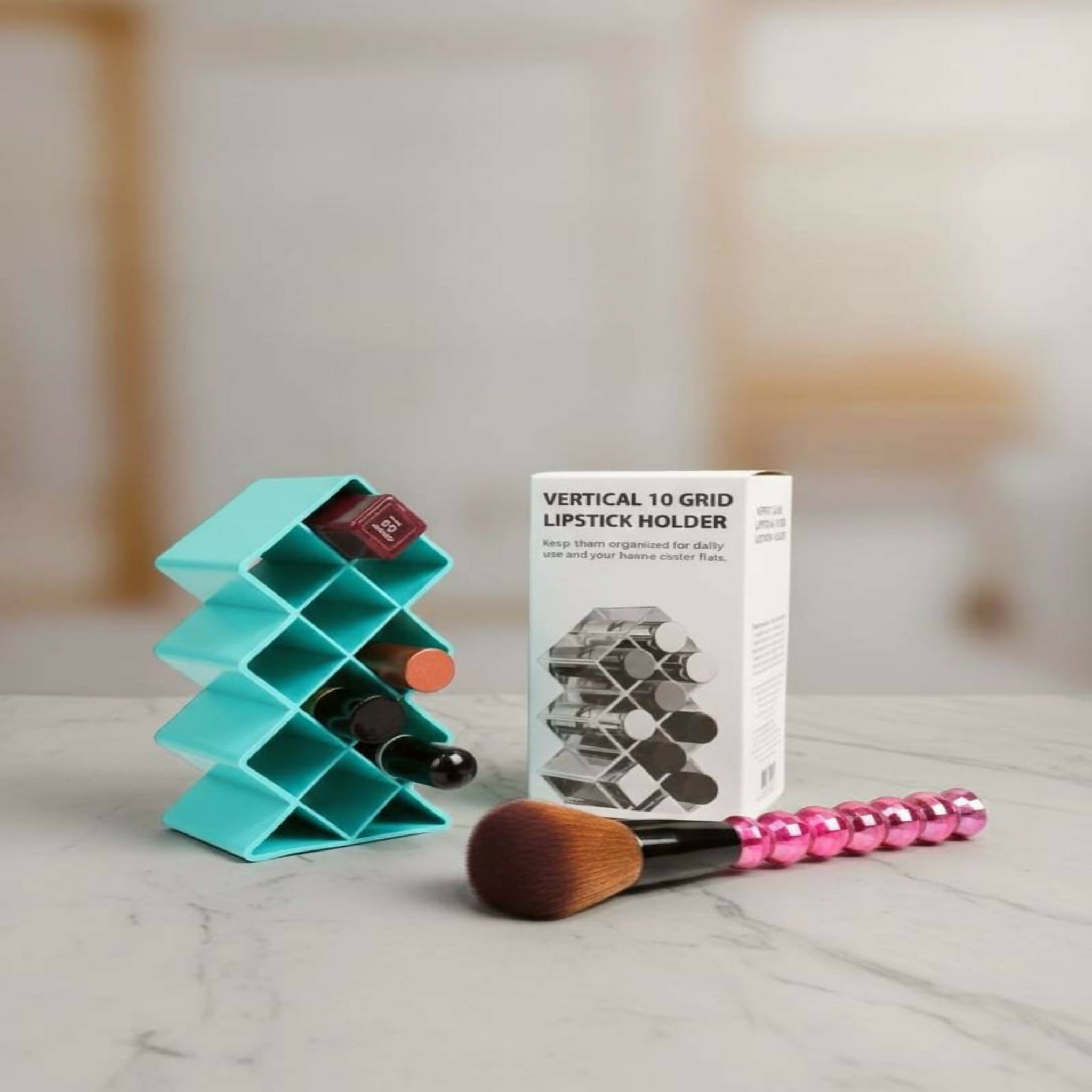 10 Grid Lipstick Organizer with Storage Box – Makeup & Cosmetic Holder | Random Color