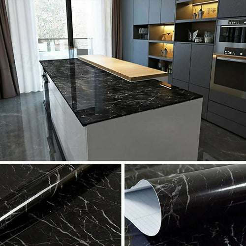 60CMx2M Self Adhesive Black Marble Sheet For Kitchen Anti Oil And Heat Resistant Wallpaper