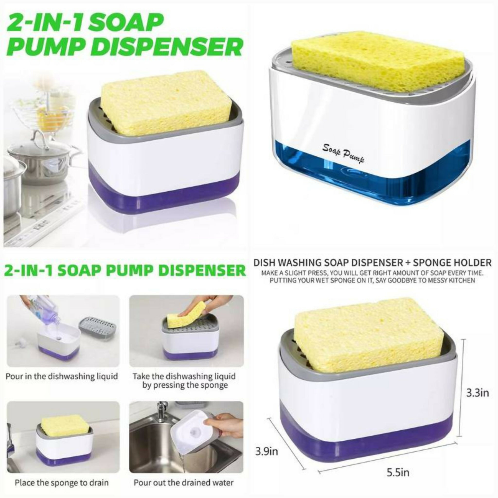 2-in-1 Soap Pump Dispenser with Sponge Holder | Kitchen Dishwashing Liquid Dispenser