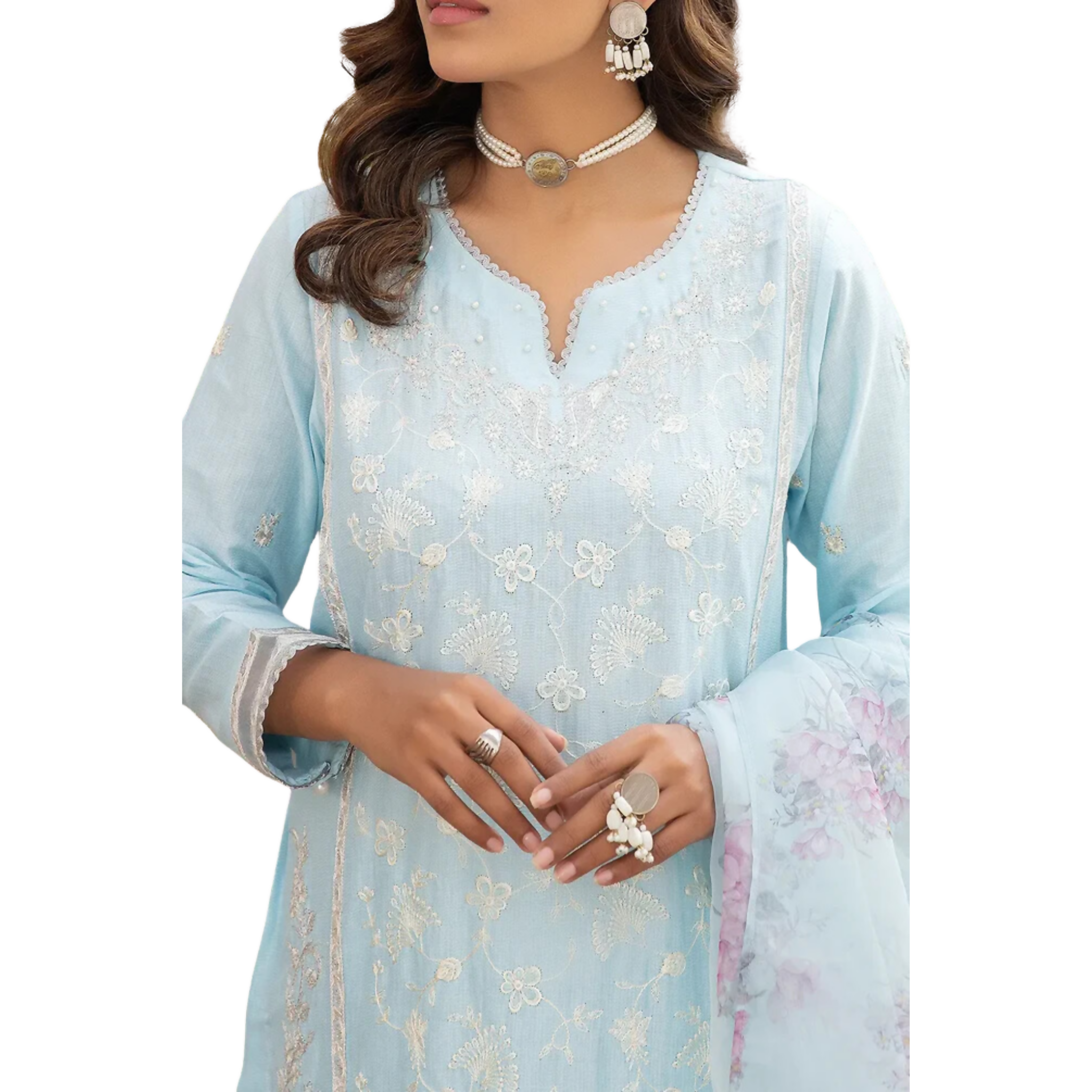 Stitched Suit, Embroidered Shirt & Printed Organza Dupatta, for Women
