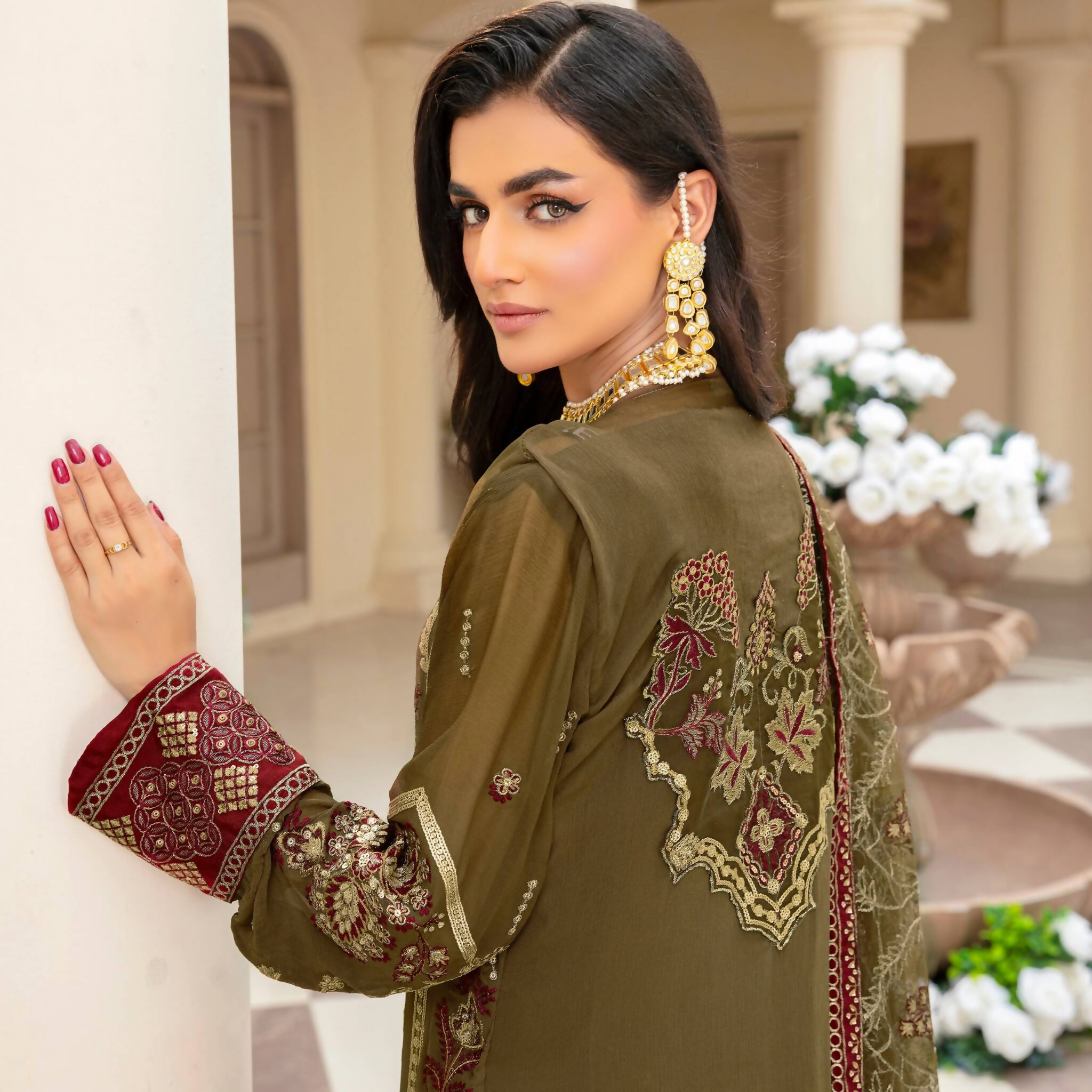 Unstitched Suit, Organza Dupatta Elegantly Embroidered & Hand-Embellished