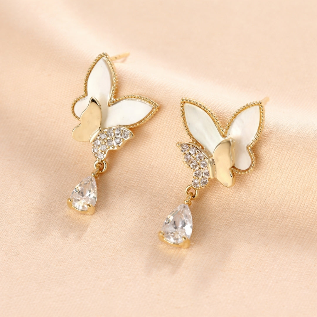 Earrings, Butterfly Pearl Golden Hanging Zircon Women