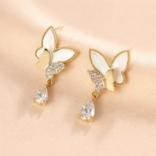 Earrings, Butterfly Pearl Golden Hanging Zircon Women