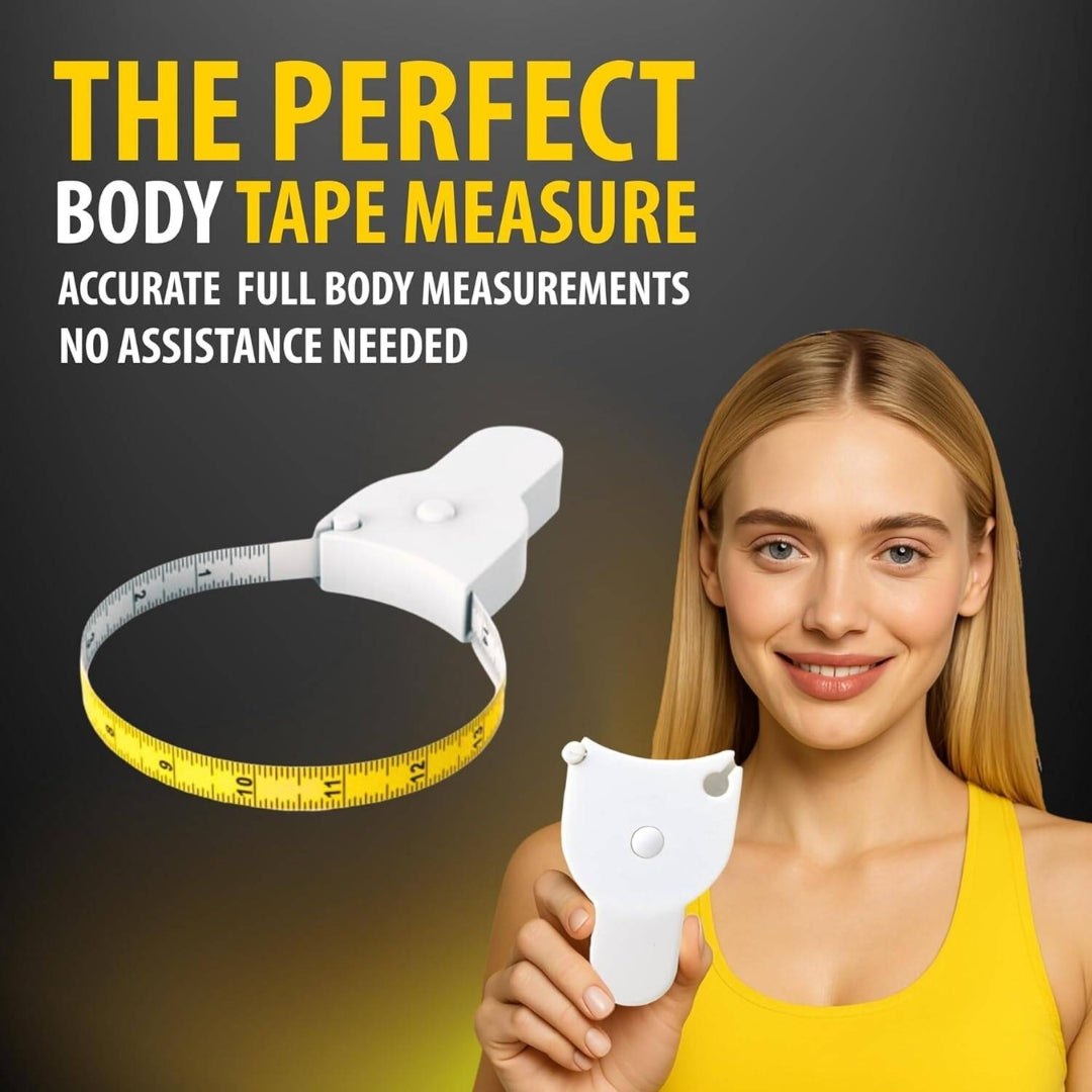 Soft flexible tape for measuring waist, chest, hips, arms, and other body areas.